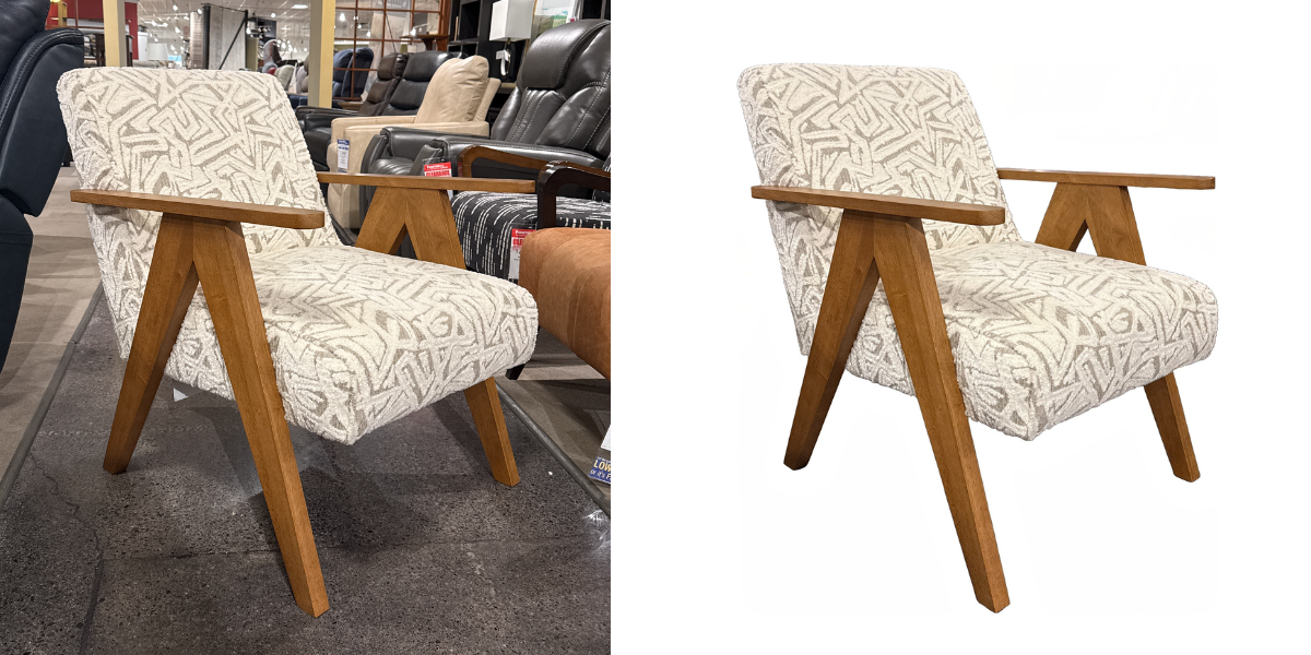 A chair is shown on a crowded showroom floor on the left. On the right, a clean masked chair on a white background - the result of the auto and quality sweeps process via the PyxMagic app.
